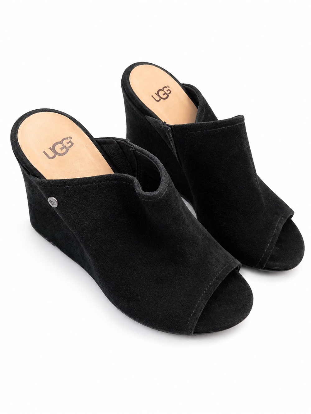 UGG Black Suede Peep-Toe Wedge Mules